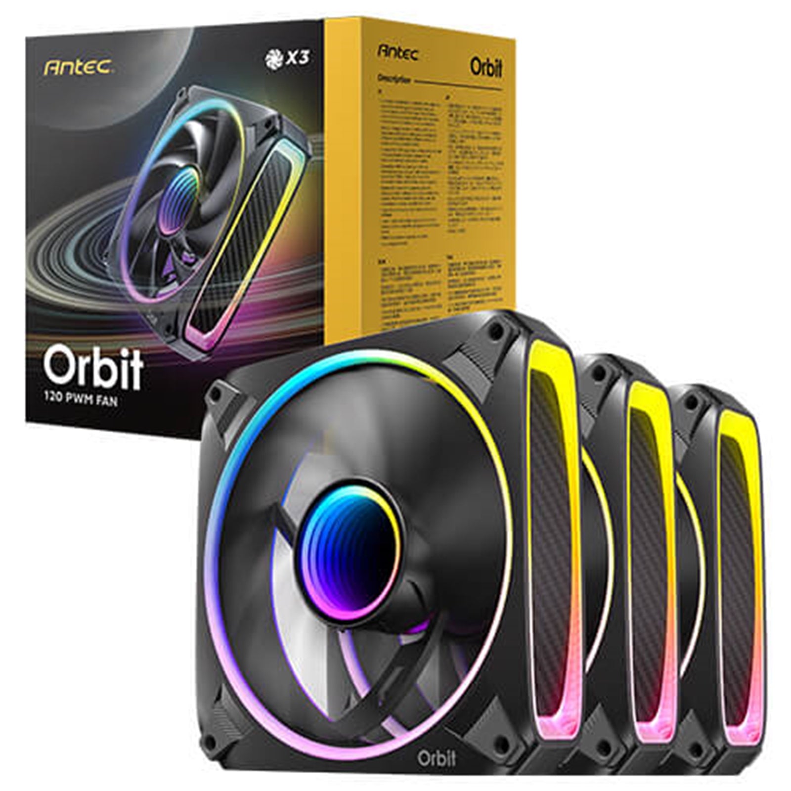 Antec Orbit 120 ARGB PWM Fan 3-Pack - 28mm FDB 2000 RPM Black Antec Orbit 120 ARGB PWM Fan 3-Pack - 28mm FDB 2000 RPM Black